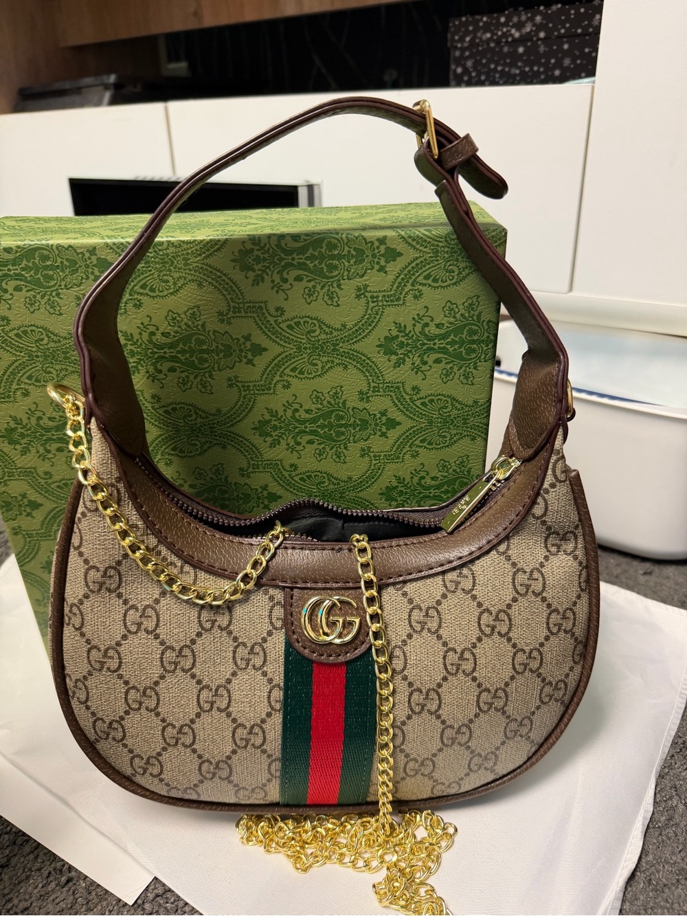 Canvas Hobo with Brown Leather and Green-Red Stripe - Picture 2 of 10
